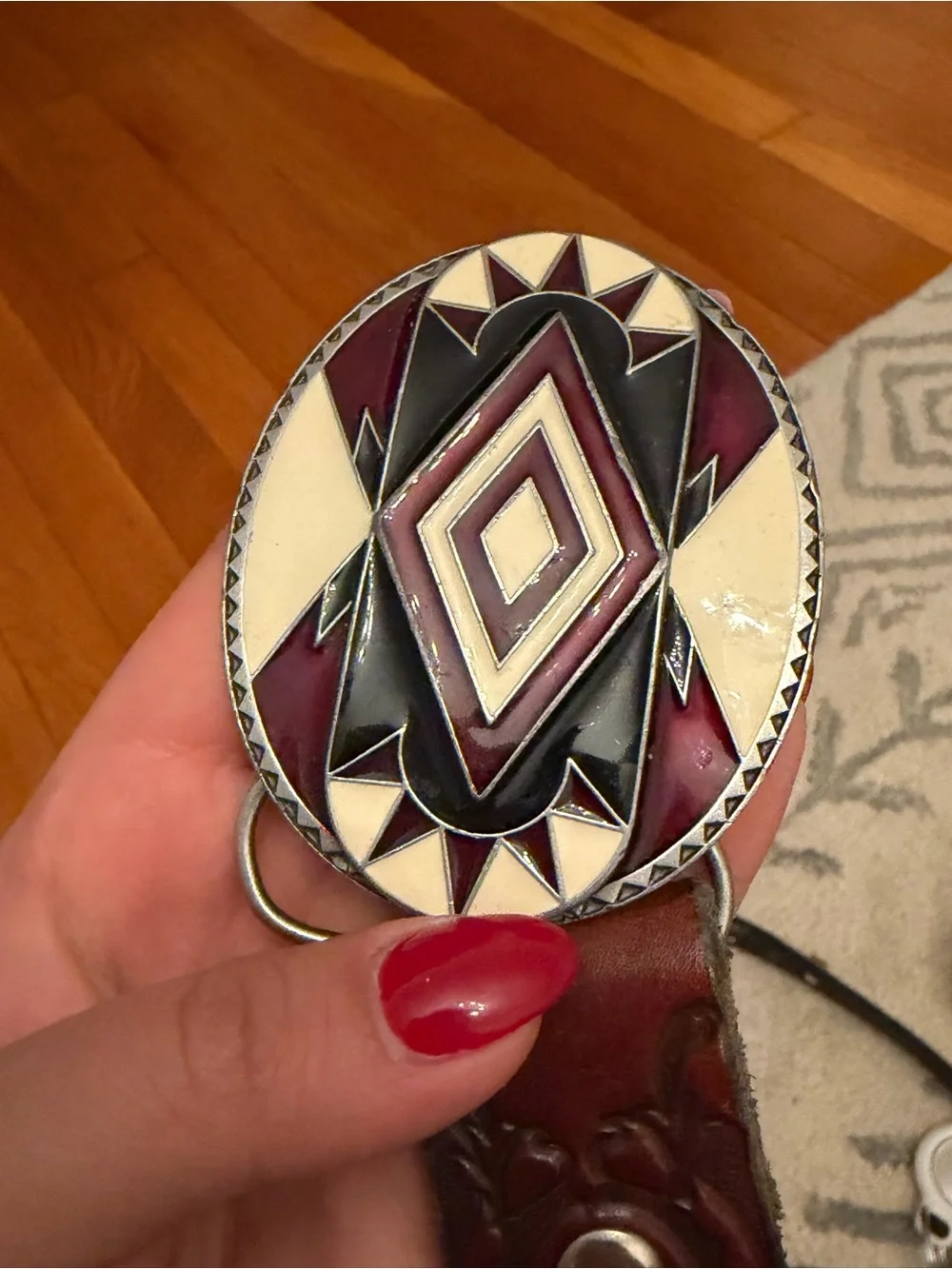 SISKIYOU made in USA Geometric Enamel Oval Belt - Burgundy, Black & Cream